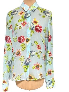 Vintage 90s Rayon Floral Blouse Button Front Long Sleeve Blue Draped Semi-Sheer